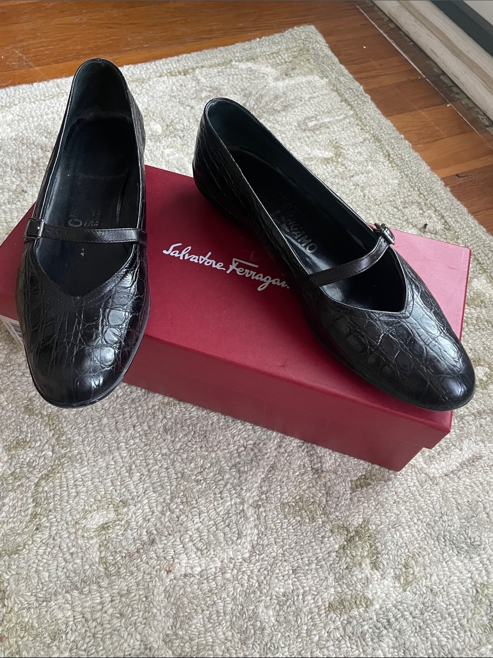 Salvatore Ferragamo Black Croc-Embossed Mary Jane Flats with Strap